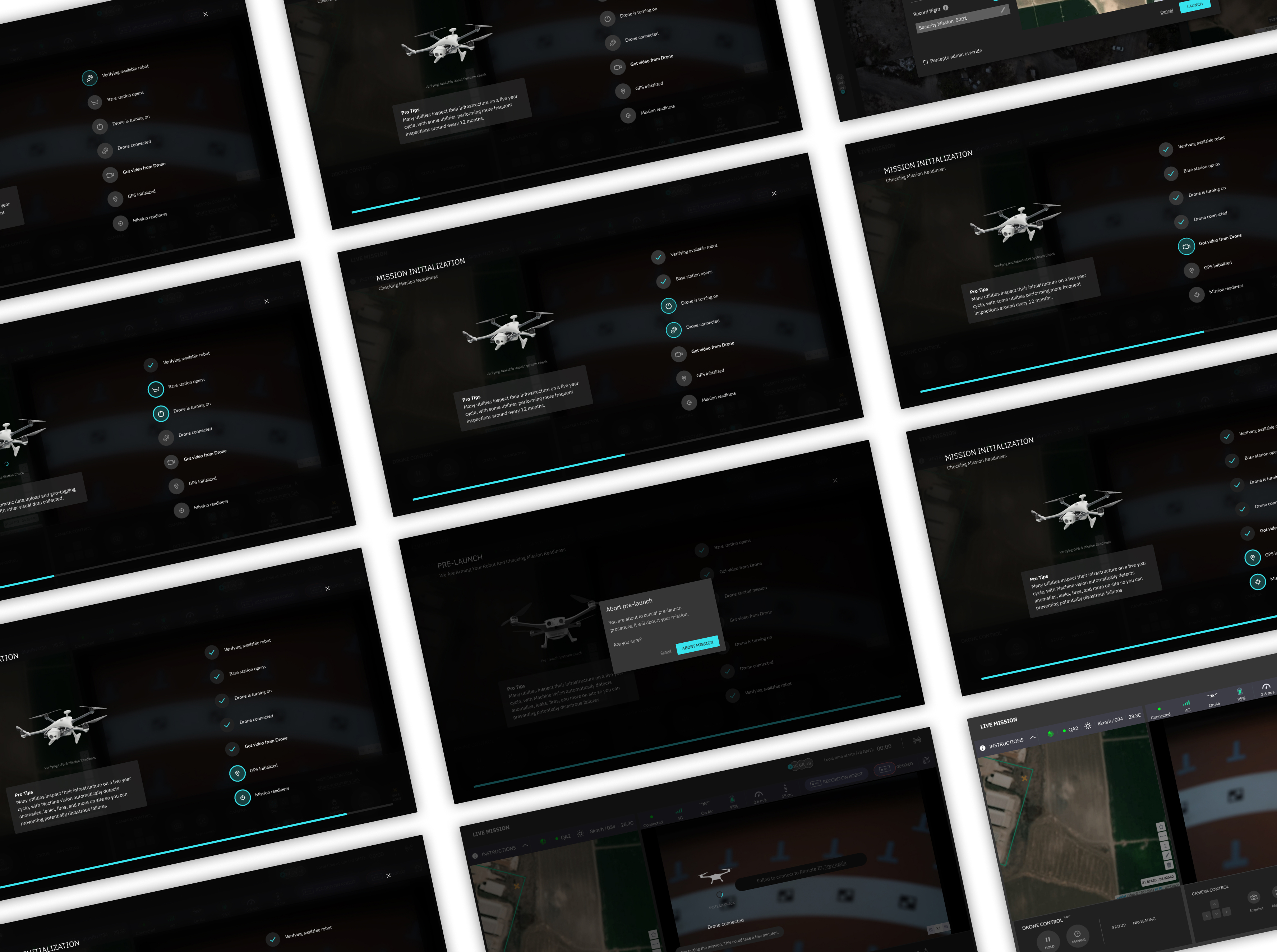 Percepto AIM product screens — mission initialization, pre-launch checks, and live mission views